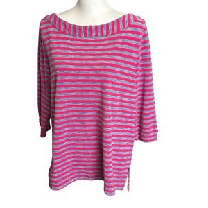 Talbots Top Size 1X Pink Blue Striped Boat Neck 3/4 Sleeve Top Plus Size Casual